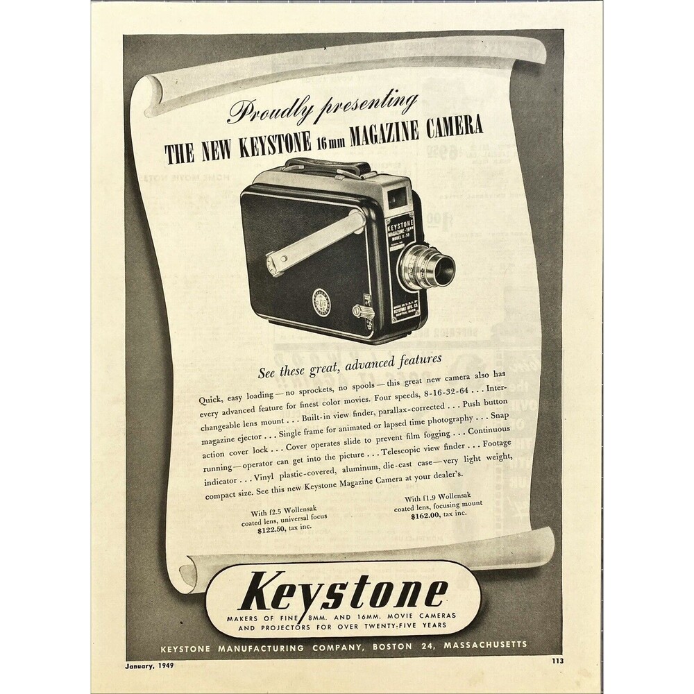 Keystone The New Keystone 16mm Magazine Camera Vintage Print Ad 1949